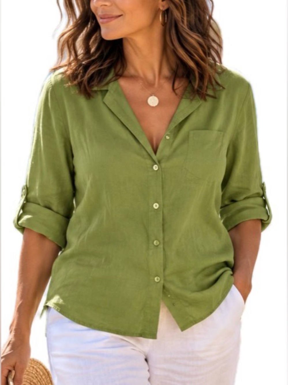 Jaclyn Smith Linen Collared Button Down 3/4 Sleeve. Green. Women’s Size XL.